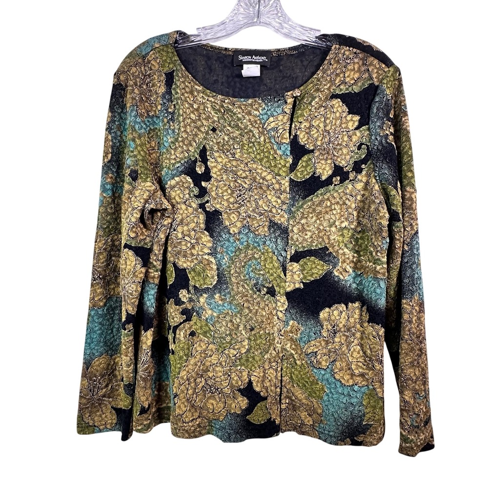 Sharon Anthony Metallic Floral Paisley Slub Knit Top Gold Green XL